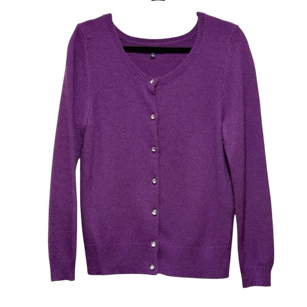 Y2K Angora Blend Rhinestone Jewel Tone Purple Cardigan Sweater Womens Medium - Picture 2 of 9